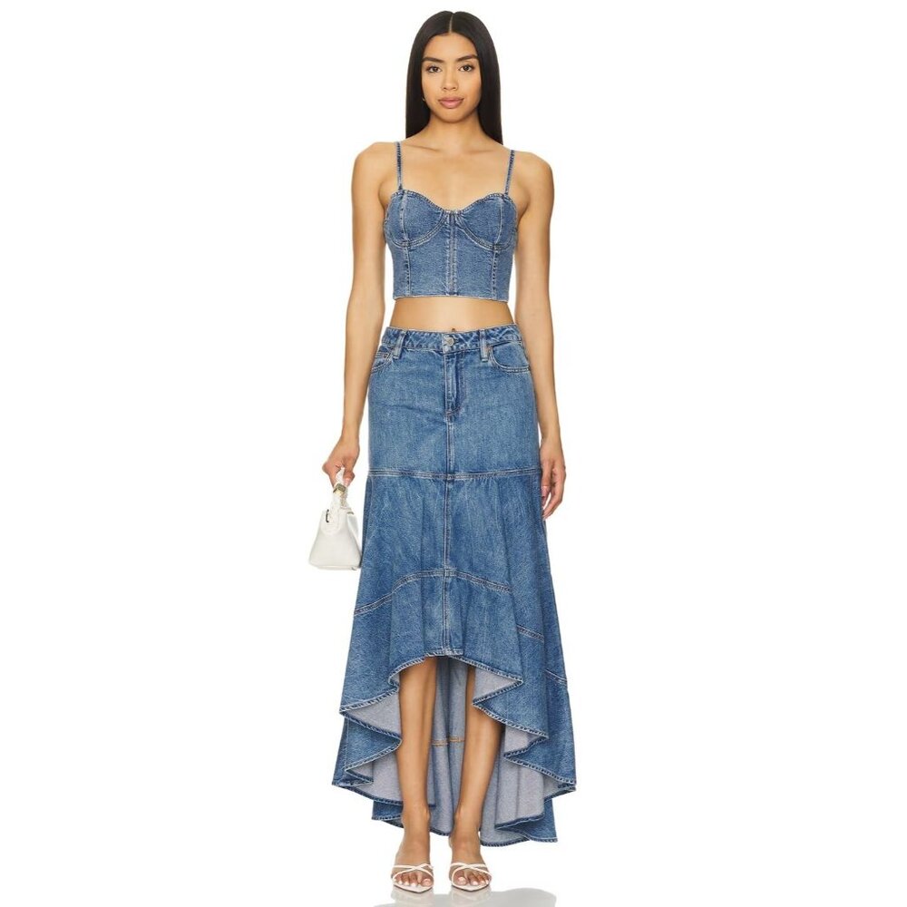Alice + Olivia Donella High Low Blue Denim Skirt 25 - Picture 6 of 14